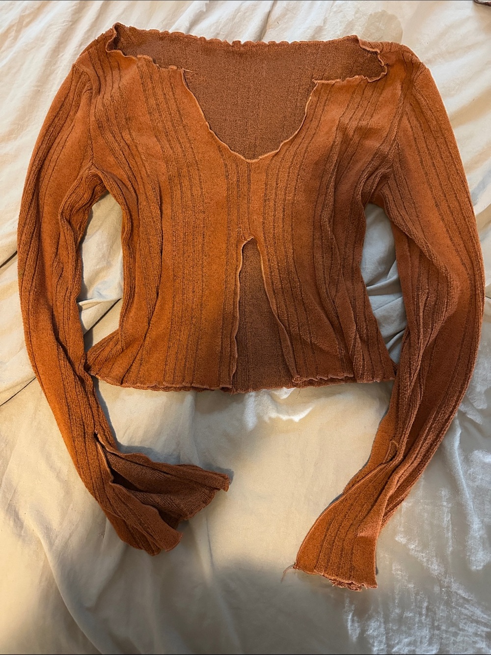 Ribbed Rust Long-Sleeve Crop Top with Raw-Edge Detail